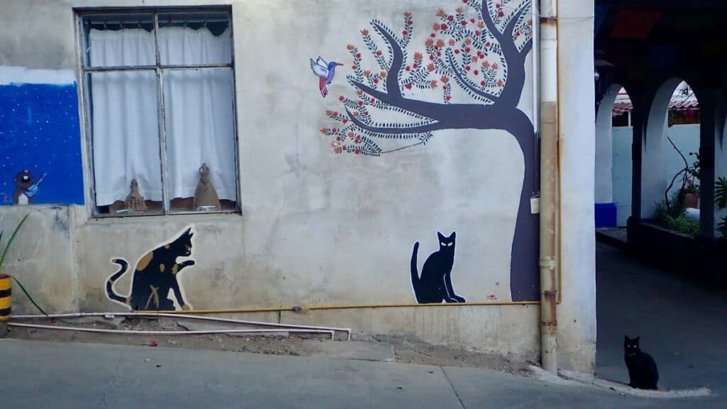 Mural of flowering tree, hummingbird, calico cat and black cat with a real black cat sitting right next to it.