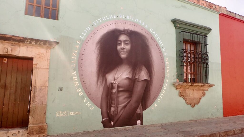 mural of indigenous girl with big hair and circle of words saying in spanish and in indengenous language "Si el viento nos lleva lejos mis hermanas cuidaran lo que nos heredaron nuestros ancestros".